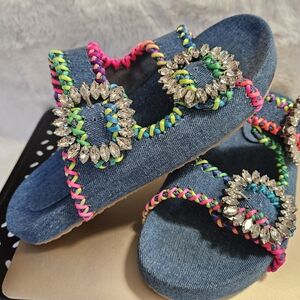 ​Mystique Luxury Denim Slides Sandals Crystal Buckle Size 8.5 (Fit 8-8.5) NWOB